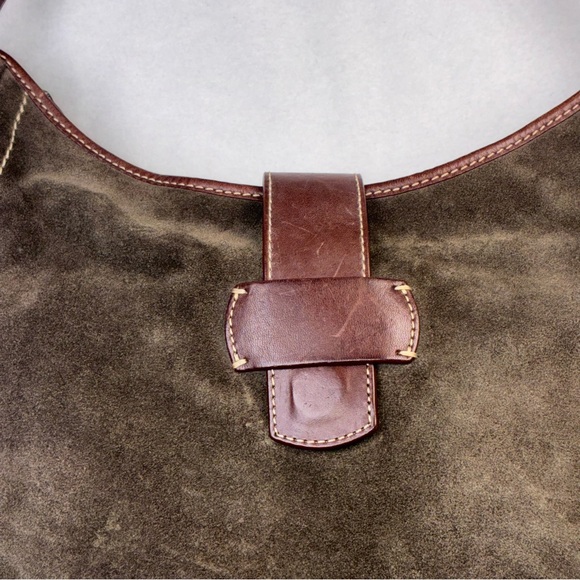 Lands’ End Suede Leather Hobo Shoulder Bag Purse Olive Green Key Clip - Picture 3 of 16